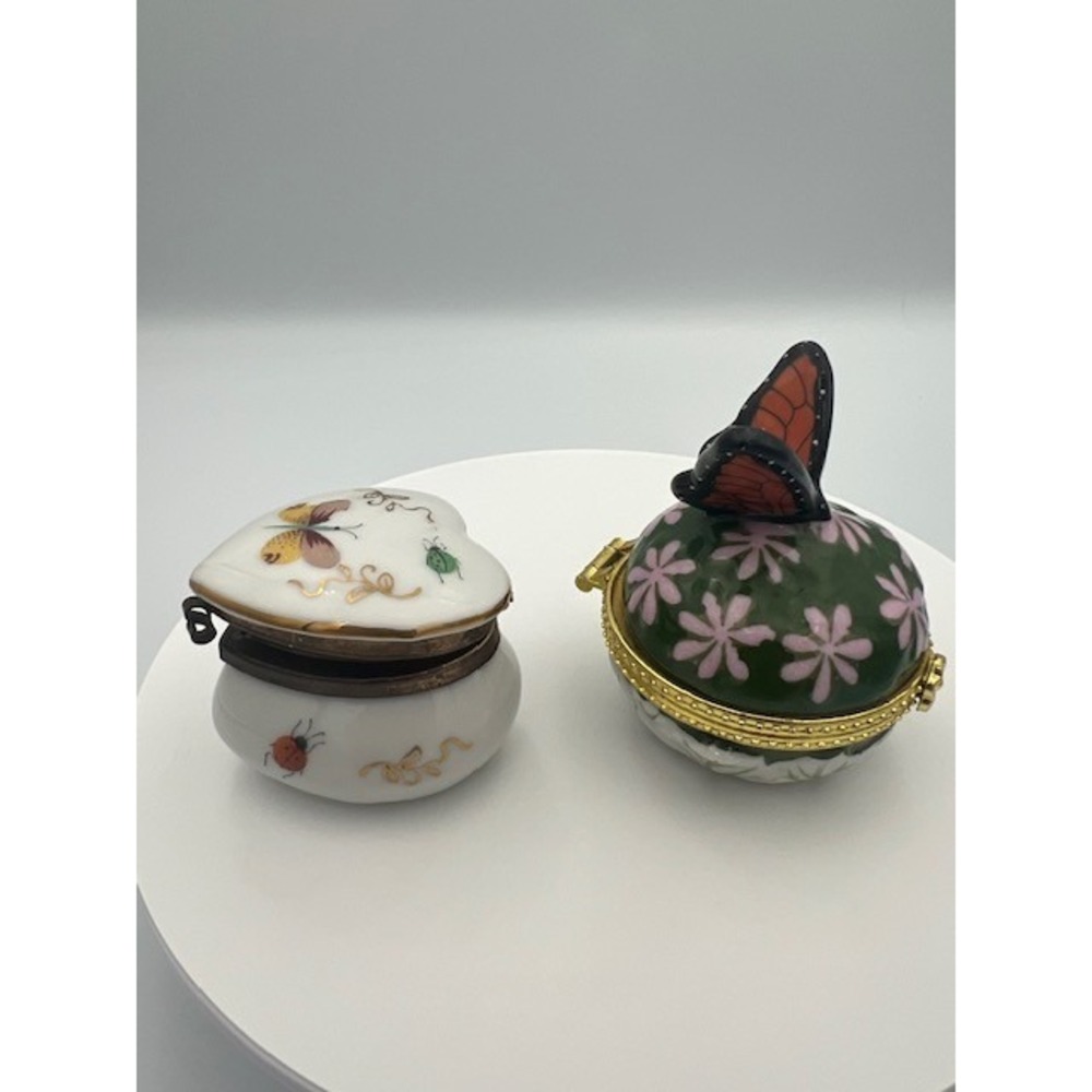 Limoges Porcelain Trinket Box Set Butterfly Heart Ladybug Hand Painted 2pc - Picture 7 of 12